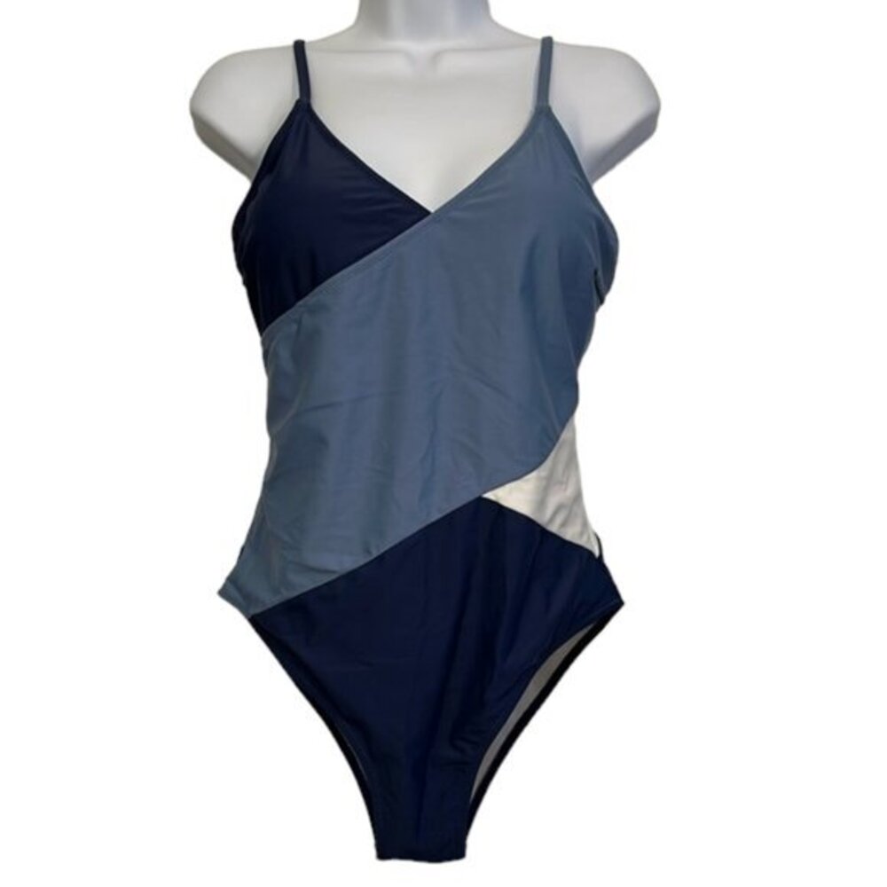Swimsuit Tricolor Navy/White/Blue V-Neck Size Medium EUC #1246
